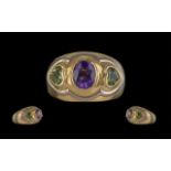 18ct Gold Heavy Gold Quality 3 Stone Peridot & Amethyst Set Dress Ring - Marked 750 To Shank.