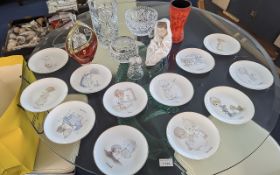 Collection of Glass and Porcelain Items, including a rose bowl, vases, bell, Nao figure,