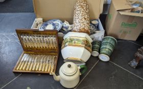 Large Box of Collectible Porcelain & Pottery, including blue and white Willow pattern, plates,