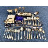 Box of Silver Plated Ware, comprising assorted flatware, serving spoons, servers, vases, etc.