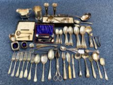 Box of Silver Plated Ware, comprising assorted flatware, serving spoons, servers, vases, etc.