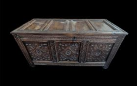 Antique Blanket Chest - Of Panelled Form, Carved Front. Pegged Construction.