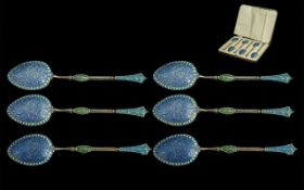 A Set of Six Ottoman Style Silver Enamelled Cloisonne Tea Spoons, pastel blue,