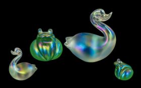 John Ditchfield Glasform Two Figural Opalescent Green and White Paperweights modelled as a duck and