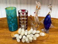 Collection of Vintage Glass, including signed green Mdina vase 7.5'' high, Luminarc vase clear/red