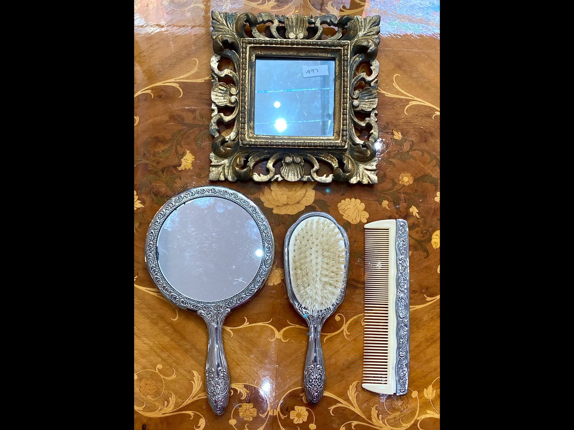 Silver Plated Dressing Table Set, comprising hairbrush, mirror and comb, with ornate design of - Image 2 of 2