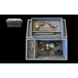 Vintage Tool Box containing assorted tools and other items. Box measures 19" x 10" x 10".