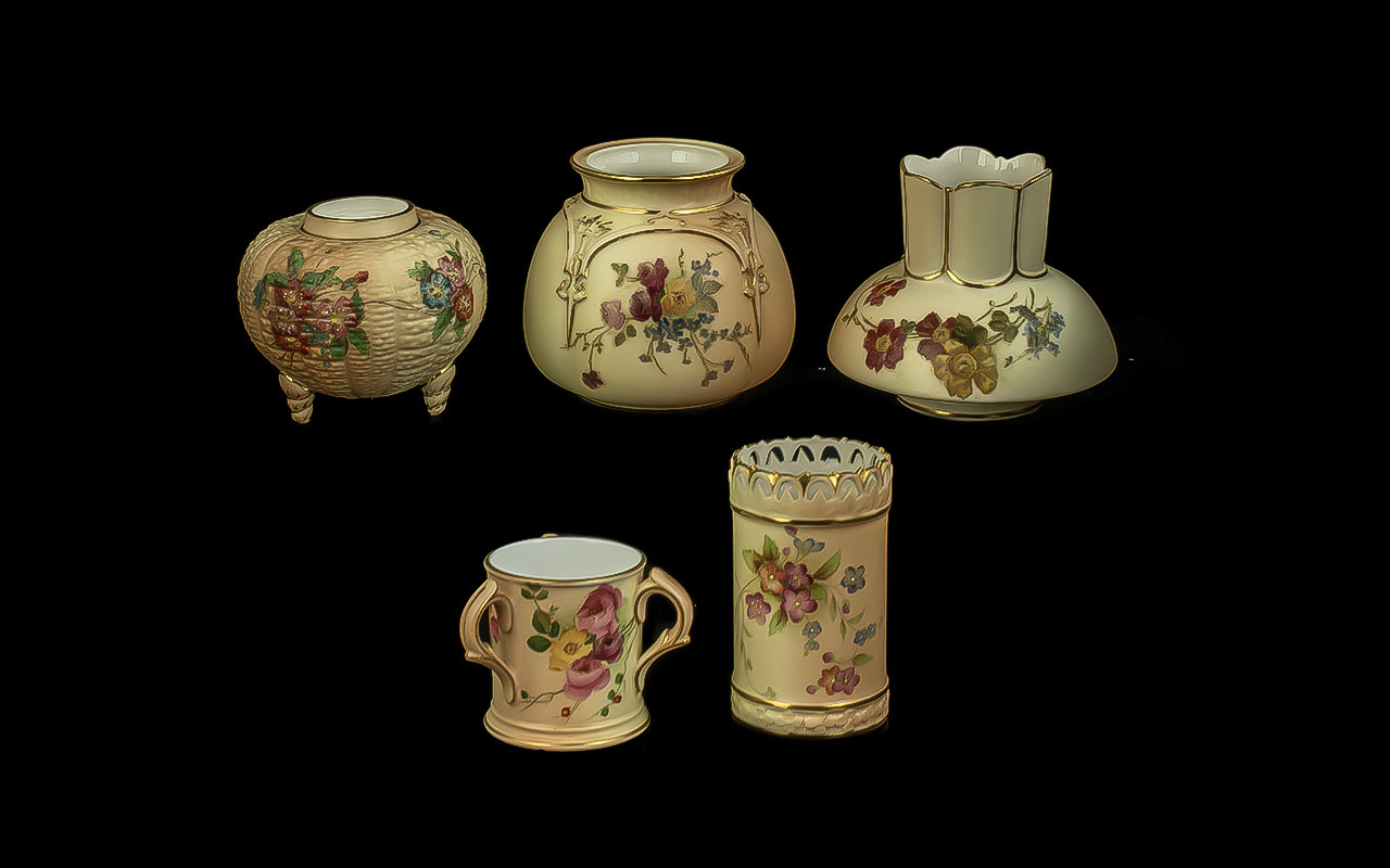 Royal Worcester Collection of Hand Painted Blush Ivory Small Vases ( 5 ) In Total. Various Shapes,