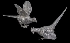 John Surtees Large and Very Fine Pair of Naturalistic Cast Silver Scottish Pheasant Figures,