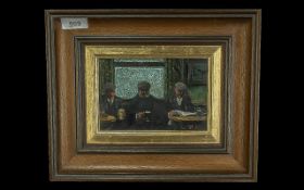 Jim Andrews (20th century) initialled, dated '85, oil on board, three figures in a pub. Measures 4.