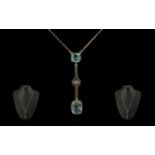 1930's Attractive 14ct Gold Aquamarine and Diamond Set Integral Necklace with Drop. Marked 14ct.