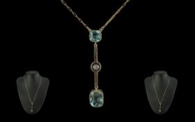 1930's Attractive 14ct Gold Aquamarine and Diamond Set Integral Necklace with Drop. Marked 14ct.