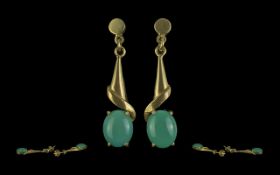 Ladies Pair of 14ct Gold Turquoise Set Earrings ( Drops ) Marked 585 - 14ct. Hang Well. Weight 5.