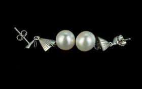 White Cultured Pearl Drop Earrings of el