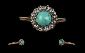 Antique Period Attractive 9ct Gold Turquoise and Diamond Set Cluster Ring,