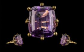 18ct Gold Superb Large Single Stone Amethyst Set Statement Ring. Not Marked but Tests High Ct Gold.