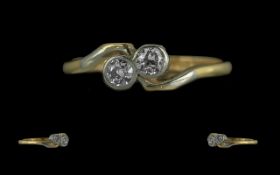 Antique Period - Pleasing 18ct Gold Two Stone Diamond Set Ring, Marked 18ct to Shank. The Two Pave