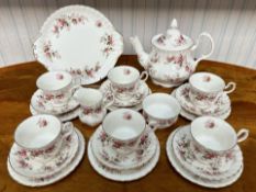 Royal Albert 'Lavender Rose' Tea Service, comprising a teapot, milk jug, sugar bowl,