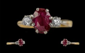 18ct Gold - Pleasing 3 Stone Ruby and Diamond Set Dress Ring.
