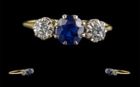 18ct Gold Attractive 3 Stone Diamond and Sapphire Set Dress Ring. Hallmark Rubbed but Tests 18ct.