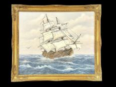 Keith Sutton Oil on Canvas depicting HMS Serapis on a rough sea, framed in a decorative gilt