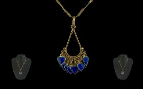 A Superb Ladies 18ct Gold Designed Pendant - Set with 8 Heart Shaped Blue Enamel Tassel Drops,