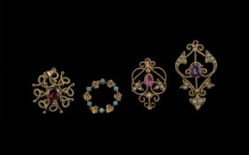 Antique Period Attractive Collection of Gem Set Small 9ct Gold Brooches / Pendants ( 4 ) In Total.