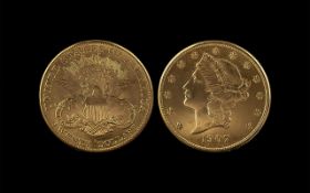 United States of America Liberty Head 20 Dollar Gold Coin - Date 1907. Weight 33.45 grams - Please