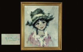 Koros ( Dutch - Born 1930 ) Girl In Green Hat - Charming Head and Shoulders Portrait. c.1960's.