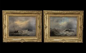 A Pair of Antique Oil on Boards Seascapes. vessels in a stormy sea. Framed, image measure 11.5'' x