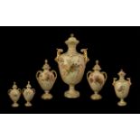 Royal Worcester Fine Trio of Hand Painted Blush Ivory Twin Handle Lidded Vases.