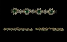 Ladies Superb Quality and Attractive 14ct Gold Diamond and Emerald Set Cluster and Line Bracelet,