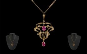 Edwardian Period 1901 - 1910 Attractive 9ct Gold Ruby and Seed Pearl Set Open Worked Pendant Drop /