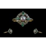 Ladies 1920s Attractive 15ct Emerald Diamond and Pearl Set Dress Ring,