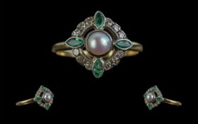 Ladies 1920s Attractive 15ct Emerald Diamond and Pearl Set Dress Ring, marked 15ct to interior of