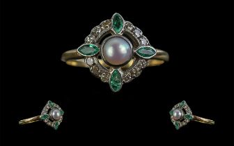 Ladies 1920s Attractive 15ct Emerald Diamond and Pearl Set Dress Ring,