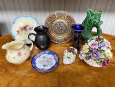 Box of Mixed Collectibles, comprising an Aynsley flower basket, an Aynsley flower swan, a blue Art
