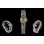 Ladies 18ct White Gold 'Rose' Swiss Made Seventeen Jewels Diamond and Emerald Set Cocktail Watch