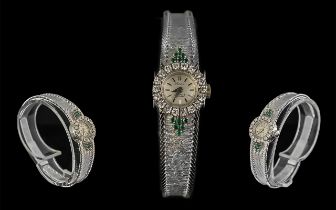 Ladies 18ct White Gold 'Rose' Swiss Made Seventeen Jewels Diamond and Emerald Set Cocktail Watch