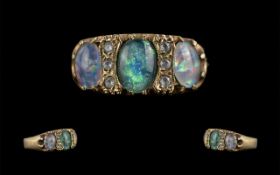 Antique Period - Superb 9ct Gold 3 Stone Opal Ring, With Old Cut Diamond Spacers, Gallery Setting.