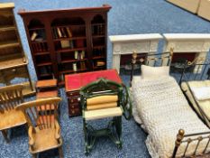 Quantity of Quality Dolls House Furniture, including fireplaces, library, kitchen equipment, beds,