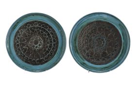 Fine Pair of Early Troika Hand Made Lipped Circular Pottery Plates, excellent designs, blue -
