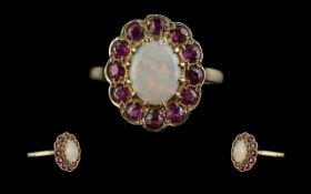 Ladies 9ct Gold Attractive Garnet and Opal Set Cluster Ring, Full Hallmark to Shank.