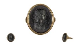 19th Century Gold - Oval Shaped Black Hardstone Cameo Set Ring, Not Marked but Tests Gold,