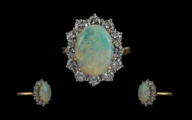 18ct Gold - Superb Quality Opal and Diamond Set Cluster Ring. 18ct Marked to Interior of Shank.