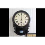 Vintage Railway/School Clock, dark wood, with pendulum and key, Roman numerals. Measures approx.