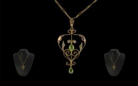 Victorian Period Attractive 9ct Gold Open Worked Peridot / Seed Pearl Set Pendant with Attached 9ct