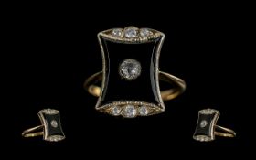 Antique Period - Pleasing 18ct Gold Black Enamel and Diamond Set Ring. c.1900. Set with Old European