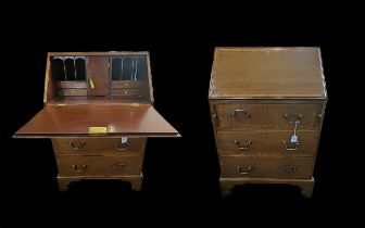 Small Walnut Bureau, with pull down front to reveal inner four small drawers,