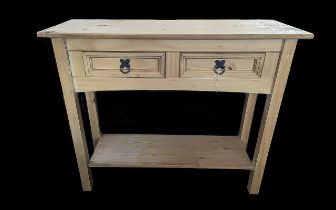 Small Pine Console Table, two drawers above a lower shelf. Measures 34.